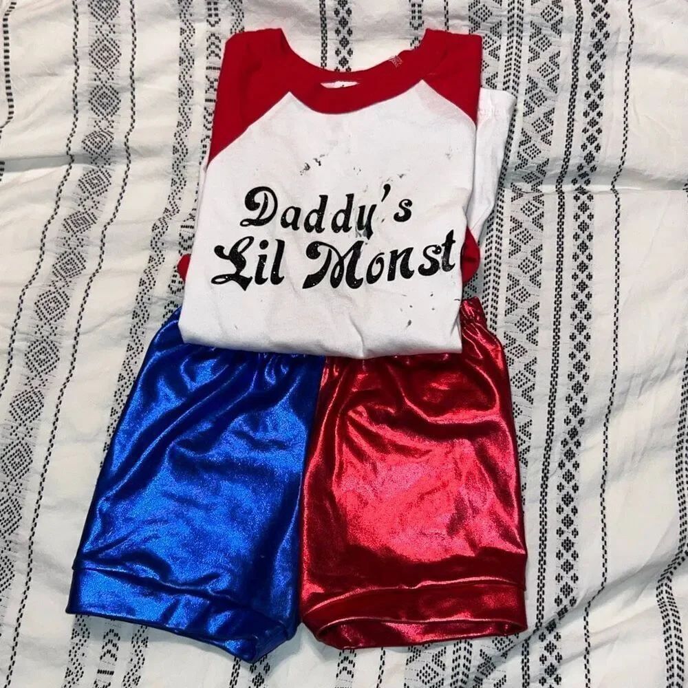 Harley Quinn “Daddy’s Lil Monster” Costume Set – Girls 5T – Red & Blue Shorts Ou